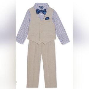 Nautica Beige Linen Look 4pc Dress Shirt Bowtie Vest And Pants Sz 3T Boy NEW